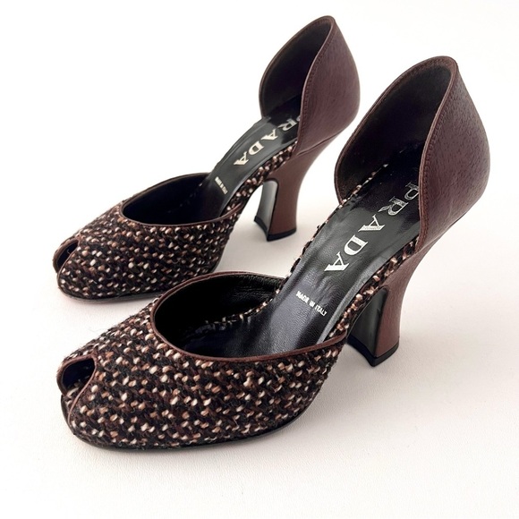 PRADABrown Tweed Leather Peep Toe D’Orsay Heels Pumps Vintage Y2K EU 36